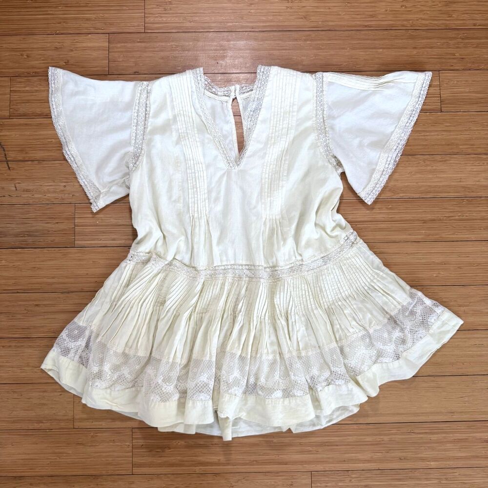 Maeve Anthropologie Cream Pintuck Swing Tunic Dress V Neck Tiered Ruffle Size M